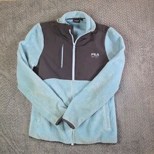 FILA Sport Sherpa Fleece Jacket Women's‎ Small Blue Zip Up Logo Y2K